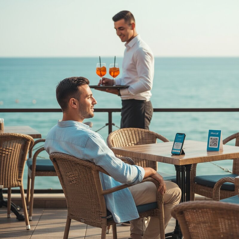 Customer using SKAN.AL QR ordering system at beachside restaurant