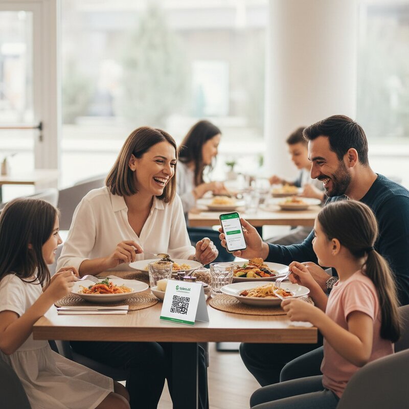 Happy family enjoying their meal using SKAN.AL QR ordering system