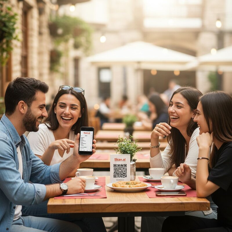 Friends enjoying QR ordering at outdoor cafe